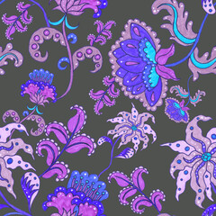 Fototapeta na wymiar Watercolor seamless pattern with folky flowers and leaves in ethnic style. Floral decoration. Traditional paisley pattern. Textile design texture.Tribal ethnic vintage seamless pattern. 