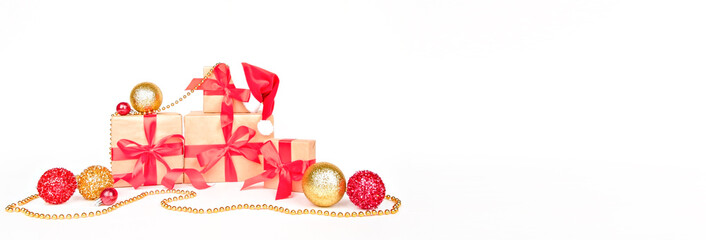 banner on a light background gifts with a red ribbon, gold and red ornaments