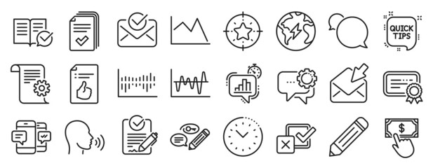 Set of Education icons, such as Open mail, Star target, Technical documentation icons. Rfp, Time management, Electricity signs. Approved mail, Statistics timer, Employees messenger. Pencil. Vector