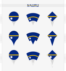 Nauru flag, set of location pin icons of Nauru flag.