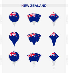 New Zealand flag, set of location pin icons of New Zealand flag.