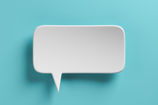 Empty white speech bubble on a blue background. 3D rendering