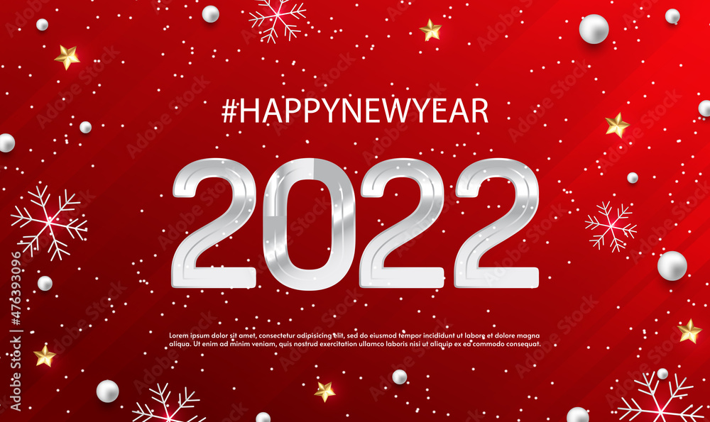 Poster 2022 happy new year vector holiday on red christmas background with snow and snowflakes. shiny party