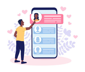 Meeting girlfriend on dating app flat concept vector illustration. Guy scrolling through ladies accounts isolated 2D cartoon character on white for web design. Online dating application creative idea