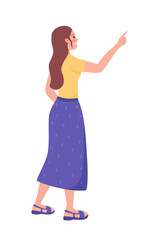 Happy woman pointing with hand semi flat color vector character. Standing figure. Full body person on white. Show direction isolated modern cartoon style illustration for graphic design and animation