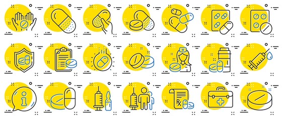 Medical drugs line icons. Healthcare, Prescription and Pill signs. Pharmacy drugs, medical nurse, recipe pill icons. Antibiotic capsule, syringe vaccination, medicine cure. Info center bubble. Vector - obrazy, fototapety, plakaty