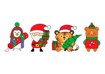 Santa Claus with tiger, bear and penguin. Vector illustration of cartoon character in flat style for decorations, invitations and greeting cards for Christmas and New Year.