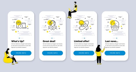 Vector Set of Business icons related to Global business, Time management and Full rotation icons. UI phone app screens with people. Last minute line symbols. Vector
