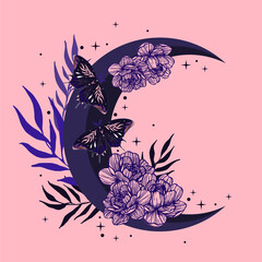 Mystical butterflies with moon and stars. Stars, constellations, moon.  For print for T-shirts and bags, decor element. Mystical and magical, astrology illustration