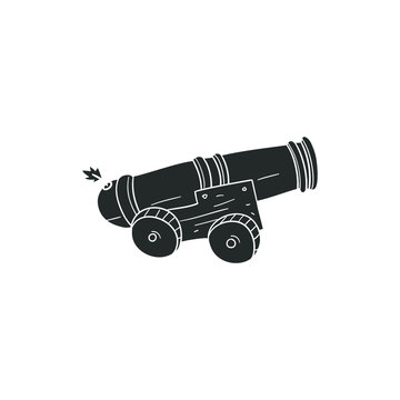 Pirate Cannon Icon Silhouette Illustration. Artillery Metal Weapon Vector Graphic Pictogram Symbol Clip Art. Doodle Sketch Black Sign.
