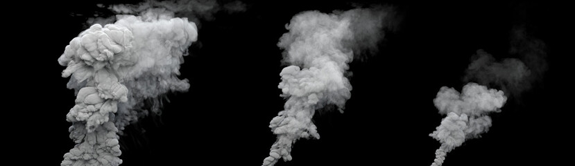3 white pollute smoke columns from masut power plant on black, isolated - industrial 3D rendering