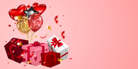 Vector illustration for Valentine's Day with helium balloons, small blurry pieces of serpentine and several red and white gift boxes with ribbons, bows and pattern of hearts, on pink background