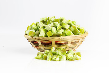 Dried cantaloupe melon green fruit cut slice isolated on a white background