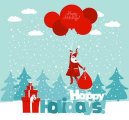 Funny Santa Claus flying with balloons. Christmas and Happy Holidays vector card
