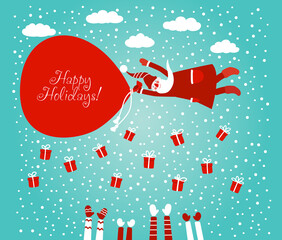 Funny Santa Claus flying in the middle of the clouds. Christmas and Happy Holidays vector card. Cute winter holiday illustration with many children hands raised up. Santa throwing gifts