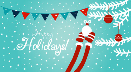 Funny Santa Claus decorating Christmas tree with holiday toys. Cute winter holiday card. Stylish Christmas and New Year vector illustration
