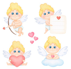 Cupid set, watercolor clip art isolated on white