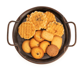 Butter cookies and crackers in black pan plate isolated on white background, with clipping path,  ready to serve as snacks with tea and coffee on happy time. 