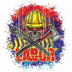 Obraz premium skull in construction safety helmets and tools, grunge vintage design t shirts