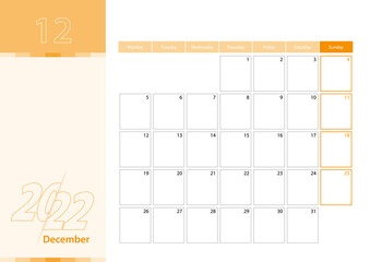 Horizontal planner for December 2022 in the orange color scheme. The week begins on Monday. A wall calendar in a minimalist style.