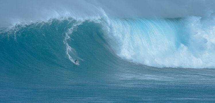 Sport photography. Jaws swell on International surfing event in Maui, Hawai 2021 December.