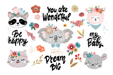 Fototapeta premium Cute animal heads in boho style. Vector cartoon illustration of koala, mouse, cat, llama. Nursery decoration, posters, t-shirt design