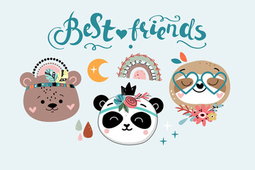 Cute animal heads panda, sloth, bears and the inscription best friends. Vector boho style illustration. Nursery, greeting card, poster, baby shower © Lucky Project
