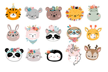 Cute animal heads with floral decorations. Vector illustration for nursery design, birthday greeting cards and poster. Tiger, unicorn, lion, mouse, llama, deer, panda, cat