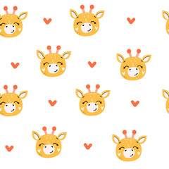 Cute giraffe head seamless pattern in boho style. Vector cartoon illustration. Nursery, greeting card, poster, baby shower