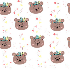 Cute bear head seamless pattern. Vector cartoon illustration. Boho style for nursery, t-shirt design, greeting card