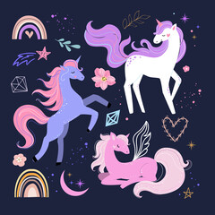 Cute unicorns collection and rainbow in boho style. Vector illustration for t-shirt design, nursery for kids