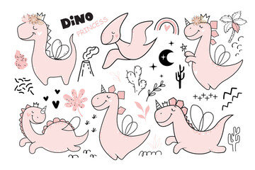 Set of funny pink dinosaurs girls and doodle elements. Vector illustration isolated. Dino princess