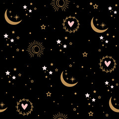 Star and moon in boho style seamless pattern. Vector  illustration. Nursery, greeting card, poster, baby shower