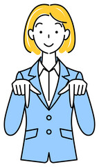 笑顔で下の方向を指で指しているスーツ姿の可愛いい女性 ビジネスパーソン イラスト ベクター