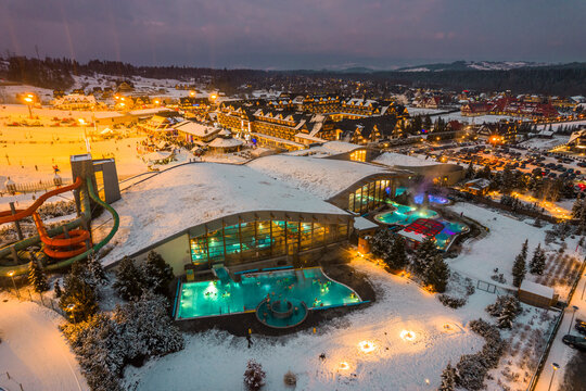 Bania Thermal Bath in Bialka, Zakopane Poland. Drone View at Winter Evening