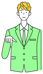 笑顔で下の方向を指で指しているスーツ姿の可愛いい男性 ビジネスパーソン イラスト ベクター