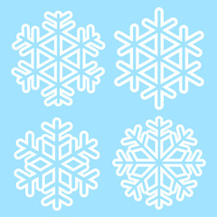 Snowflakes silhouette vector icons set isolated on blue background, Christmas concept, Christmas icons. Thick white outline.