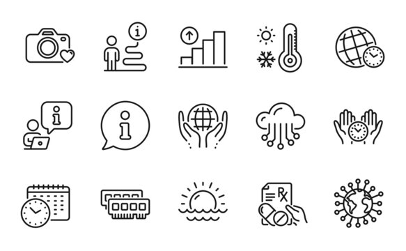 Science icons set. Included icon as Prescription drugs, Photo camera, Cloud storage signs. Safe time, Coronavirus, Ram symbols. Calendar time, Sunset, Organic tested. Graph chart. Vector