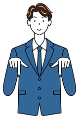 笑顔で下の方向を指で指しているスーツ姿の可愛いい男性 ビジネスパーソン イラスト ベクター