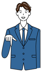 笑顔で下の方向を指で指しているスーツ姿の可愛いい男性 ビジネスパーソン イラスト ベクター