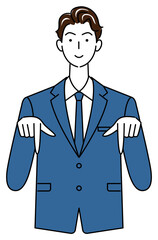 笑顔で下の方向を指で指しているスーツ姿の可愛いい男性 ビジネスパーソン イラスト ベクター