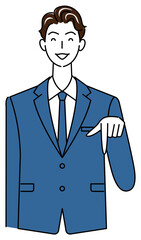 笑顔で下の方向を指で指しているスーツ姿の可愛いい男性 ビジネスパーソン イラスト ベクター