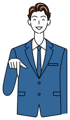 笑顔で下の方向を指で指しているスーツ姿の可愛いい男性 ビジネスパーソン イラスト ベクター