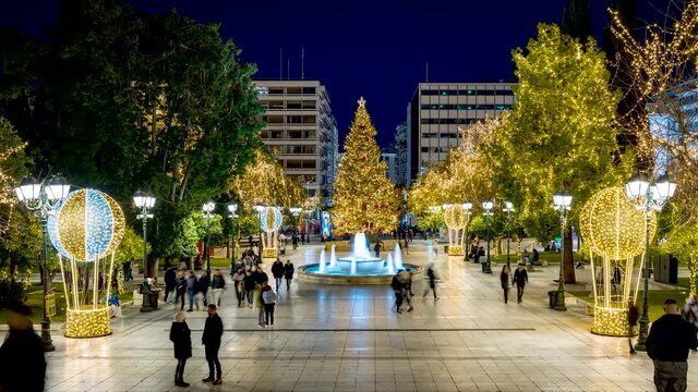 Time lapse view of the christmas decorated Syntagma Square during night time, Athens, Greece