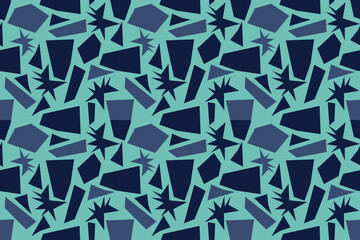 Matisse abstract shapes seamless pattern.Cutout shape of stars and rectangles into a pattern. Organic abstraction in blue color flat style. The style of Henri Matisse.