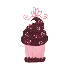 Valentine cake. Muffins with chocolate and cherries. A bakery with a heart and a bow for the holiday of valentine's day. Vector illustration in hand drawn flat style.