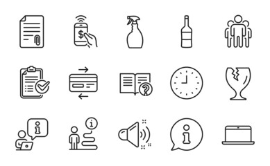 Line icons set. Included icon as Survey checklist, Attachment, Help signs. Fragile package, Credit card, Laptop symbols. Spray, Group, Clock. Loud sound, Wine, Phone payment line icons. Vector