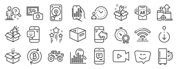 Set of Technology icons, such as Stars, Best result, Incoming call icons. Tractor, Seo devices, Augmented reality signs. Wifi, Office box, Video camera. Smile face, Search, Time management. Vector