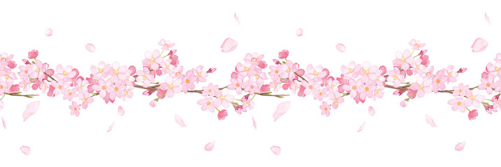 桜の水彩イラスト。横ライン装飾。シームレスパターン。