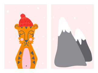 Set of Winter Boho Kids Poster. Cute Hand Drawn Tiger in a Hat and Mountain Landscape. Nursery Wall Decor for Baby Boy And Baby Girl. Vector illustration in Pastel Colors. Flat design.